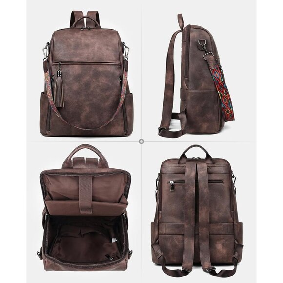 Women Coffee Brown Retro Style Backpack Designer 15.6 inch PU Leather Laptop Bag - Picture 6 of 10